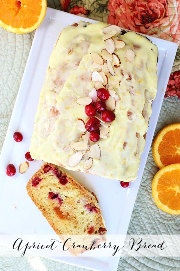 Quick and easy, frosted apricot cranberry bread is a perfect addition to your Thanksgiving dinner menu. Pieces of tart cranberries and swirls of sweet apricot jam combine to make a lovely holiday bread. 