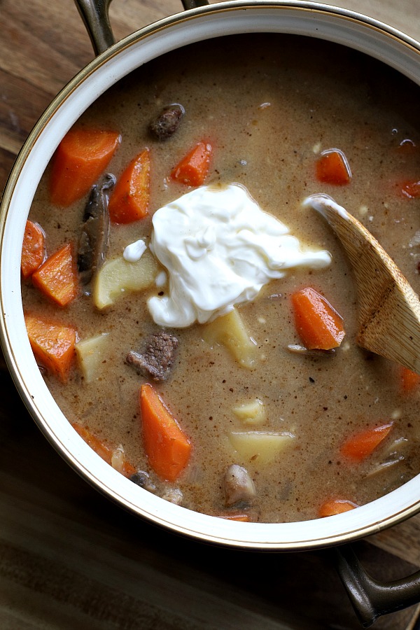 Easy recipe for comforting Stroganoff Stew is filled with chunks of beef, potatoes, carrots and mushrooms in a rich sour cream gravy.