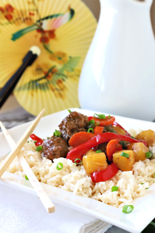 A retro 70's and 80's recipe, sweet and sour meatballs are easy, favorable and worth revisiting. Bell peppers and carrots are cooked crisp tender and added with pineapple chunks to a lightly tangy sauce. Serve over rice for a great weeknight or family dinner.