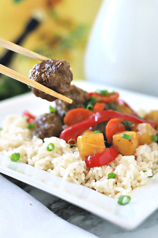 Sweet and sour meatballs is a little retro recipe from the 70's and 80's. Easy and flavorful, it is well worth revisiting for a great weeknight or family dinner. Bell peppers and carrots are cooked crisp tender and added with pineapple chunks to a lightly tangy sauce.