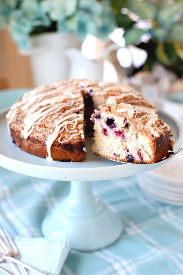 Easy recipe for blueberry buckle coffee cake. Moist with a sweet crumb streusel topping perfect for breakfast, brunch and snacking.
