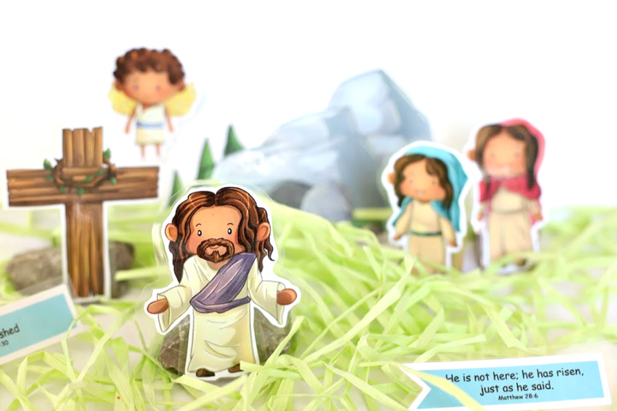 Easter Story printables for kids, homeschoolers, Sunday school teachers to recreate Bible scripture scenes like Jesus entry into Jerusalem on a donkey, waving palm branches, the Last Supper, soldier guarding the tomb, Mary weeping, the empty tome and the resurrected Jesus. 