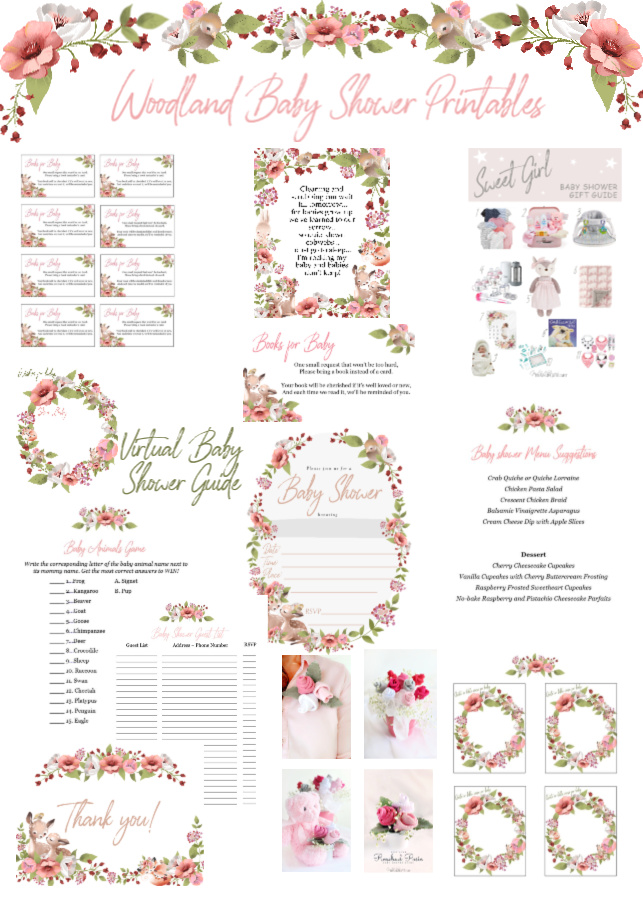 Woodland theme baby shower ideas for hosting an easy yet lovely celebration. Print invitations, thank-you cards with food ideas, games, décor for girls.