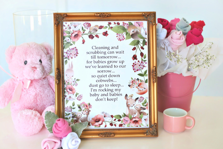 Woodland forest baby animals and mothers snuggled together in soft hues of flora and fauna is the theme around a sweet poem titled, Babies Don't Keep poem. A lovely baby shower gift to print, frame or use to decorate a nursery.