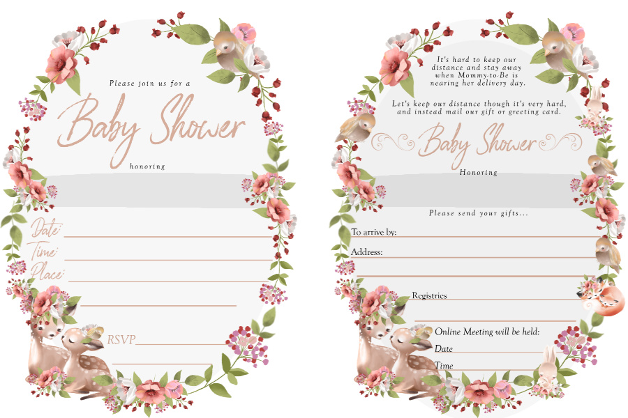 Sweet woodland babies and their mothers themed Baby Shower Invitations for traditional and Virtual parties.
