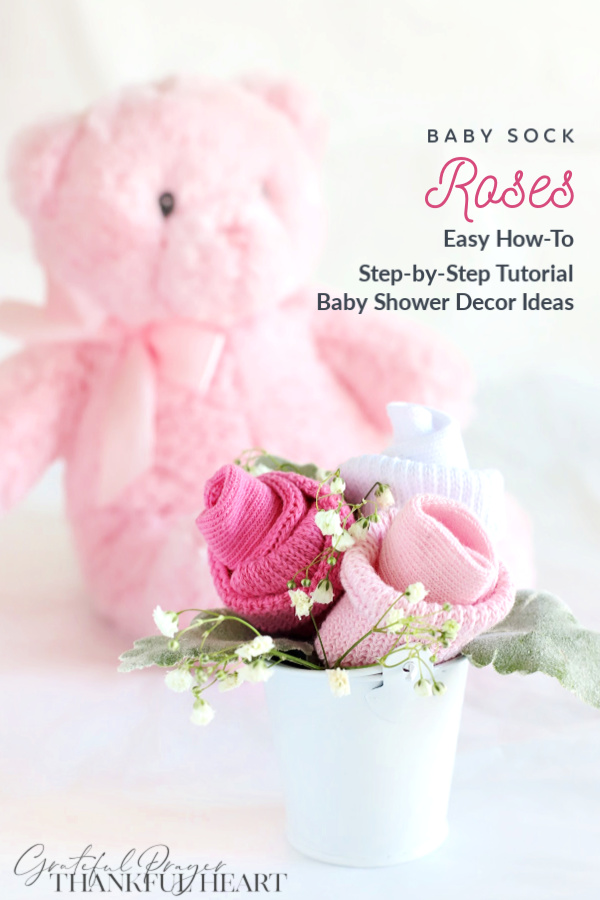 Easy step-by-step how-to for making Mom-to-Be rose corsage or posy for sweet baby shower décor using baby socks. 