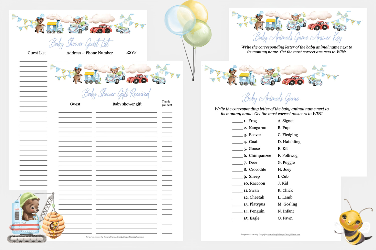 Traditional or virtual baby shower planner with invitations, games, decorations, food menu and recipes. Lists, guides for an easy & beautiful event!