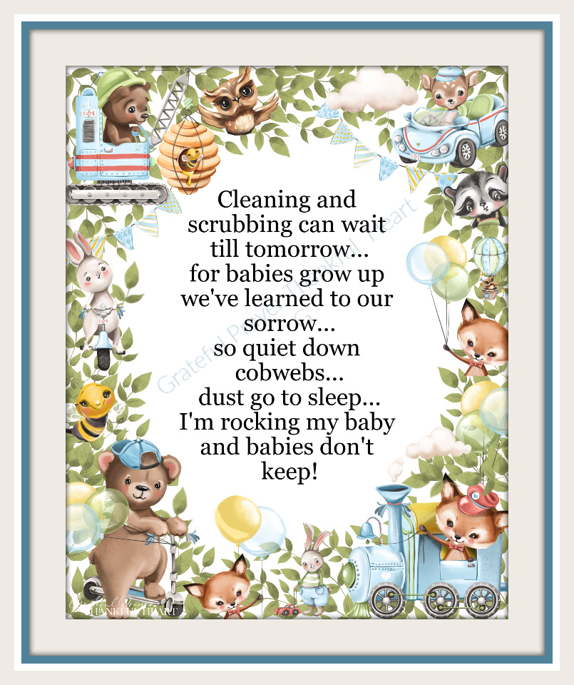 Babies Don't Keep, a sweet poem with a border of endearing animal babies is a perfect nursery or baby shower gift for new mom-to-be.