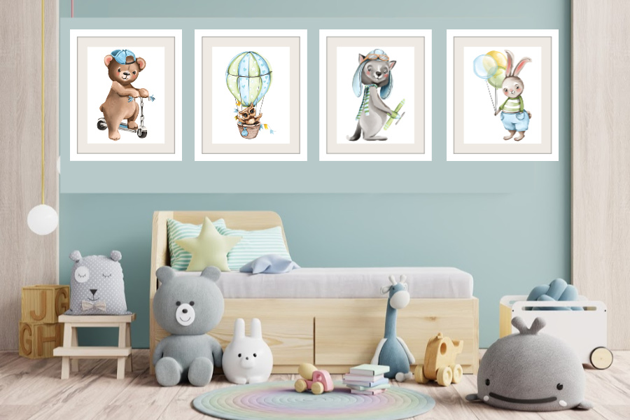 Set of 4 modern wall art prints of soft, cuddly forest animals to decorate a baby boy nursery or give as a baby shower gift.