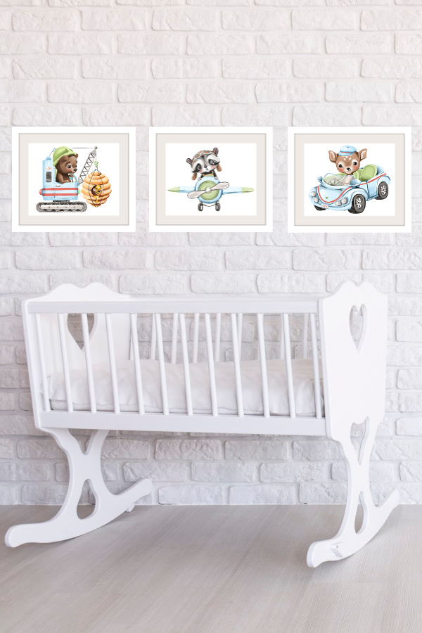 Set of 3 modern wall art prints of soft, cuddly forest animals to decorate a baby boy nursery or give as a baby shower gift.