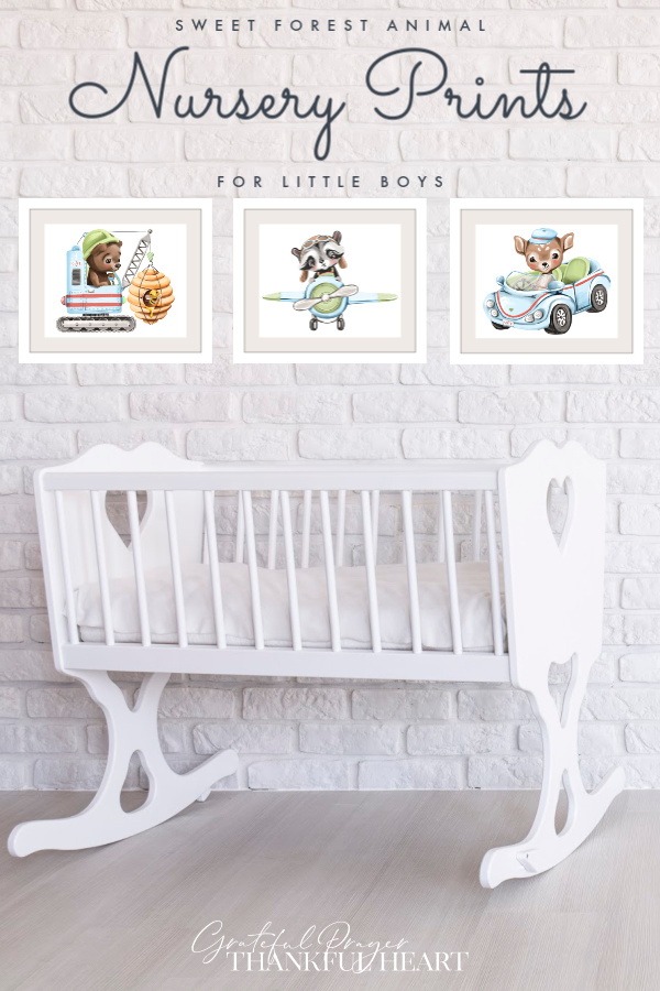 Set of 3 modern wall art prints of soft, cuddly forest animals to decorate a baby boy nursery or give as a baby shower, Christening, newborn or birthday gift.