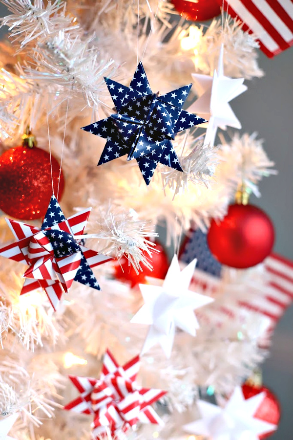 Easy step-by-step video tutorial how-to for paper patriotic stars. Fold and turn strips of paper to create a lovely 16-pointed, three dimensional ornament. Festive and perfect for 4th of July or the military hero in your life. 
