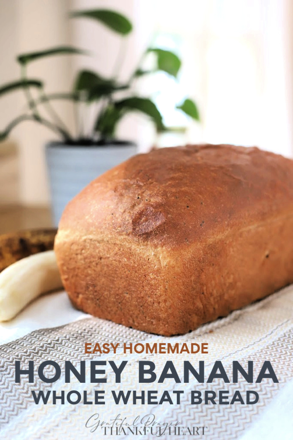 Easy recipe for healthy whole wheat bread with banana and honey. Dough made using a bread machine then shaped and baked for a delicious, lightly sweet yeast bread. Slices well for sandwiches and perfect spread with peanut butter! Instructions for making without a bread maker included.