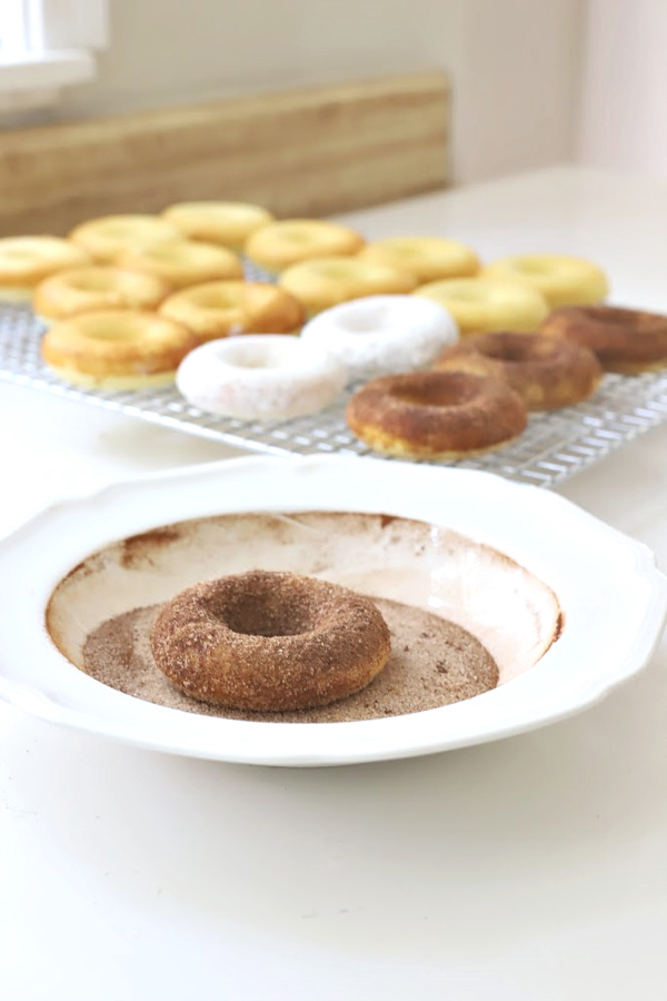 Make a batch of homemade baked cake donuts. Easy recipe and fun to make with kids or grandchildren. Add chocolate frosting, powered sugar, cinnamon sugar or just leave plain.