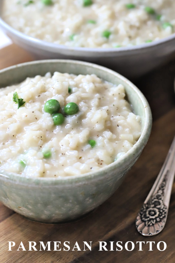 Baked Parmesan risotto is an easier recipe for traditional stove-top simmered risotto. When al dente, additional stock, Parmesan, butter, wine & peas are stirred in creating a creamy rice dish. 