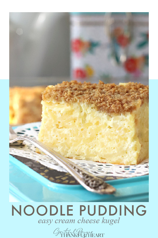 Noodle pudding, also called Jewish kugel is a sweet combo of egg noodles, cream and cottage cheese baked with a crunchy graham cracker topping.