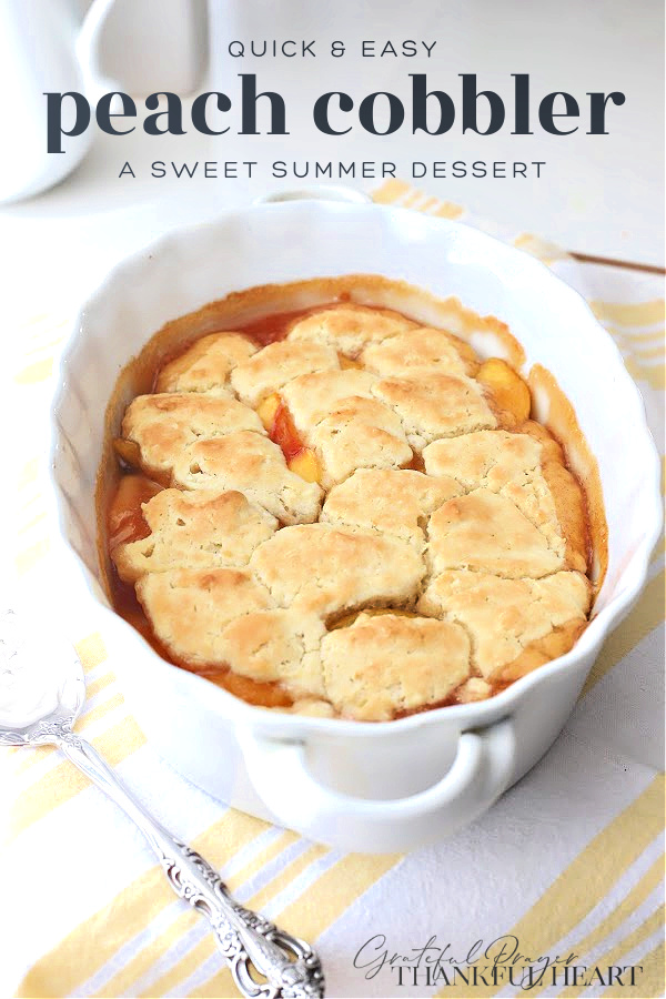 Easy recipe for old-fashioned peach cobbler. Lightly sweet, shortbread-like cake over fresh peaches. Perfect with ice cream for a tasty summer dessert.
