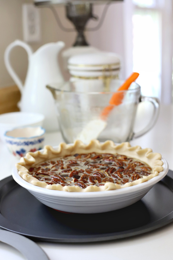 Chocolate pecan pie ready for the oven