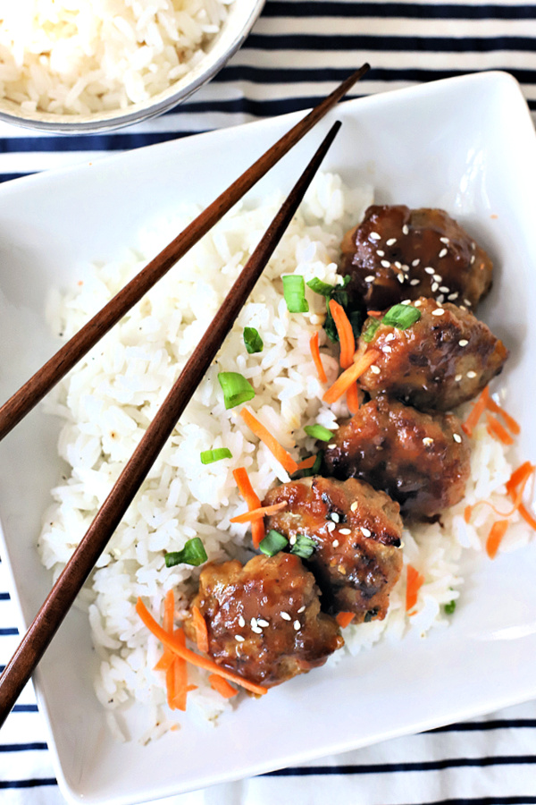 Easy recipe for ground pork meatballs with Korean Bulgogi sauce on a bed of Jasmine rice