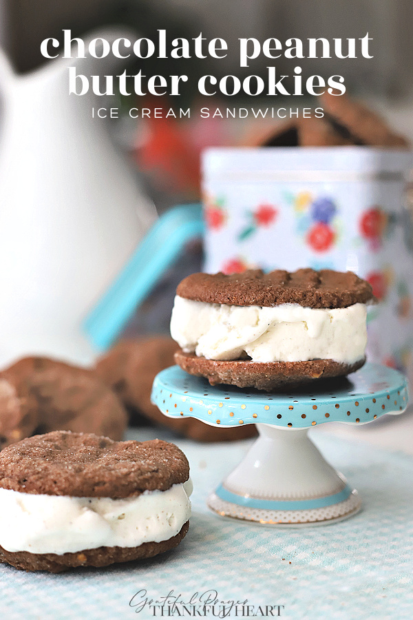 Chocolate peanut butter cookies ice cream sandwiches for a great make ahead frozen treat.