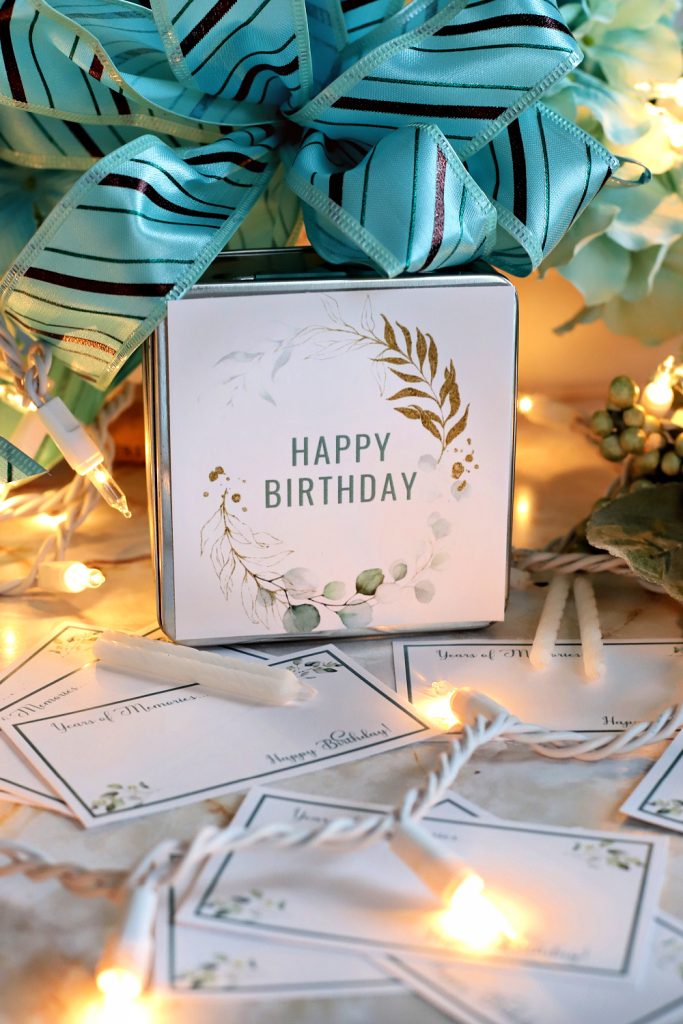 Celebrate with a personalized gift of birthday memories note cards, one for each year of their life. Soft, floral eucalyptus image, the printables are FREE for writing messages and good wishes.