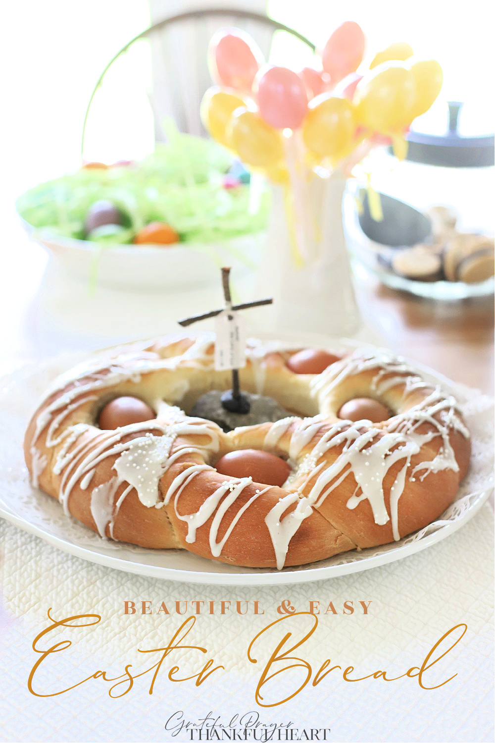Make a beautiful Easter bread with natural or dyed eggs using a bread machine for the sweet dough.