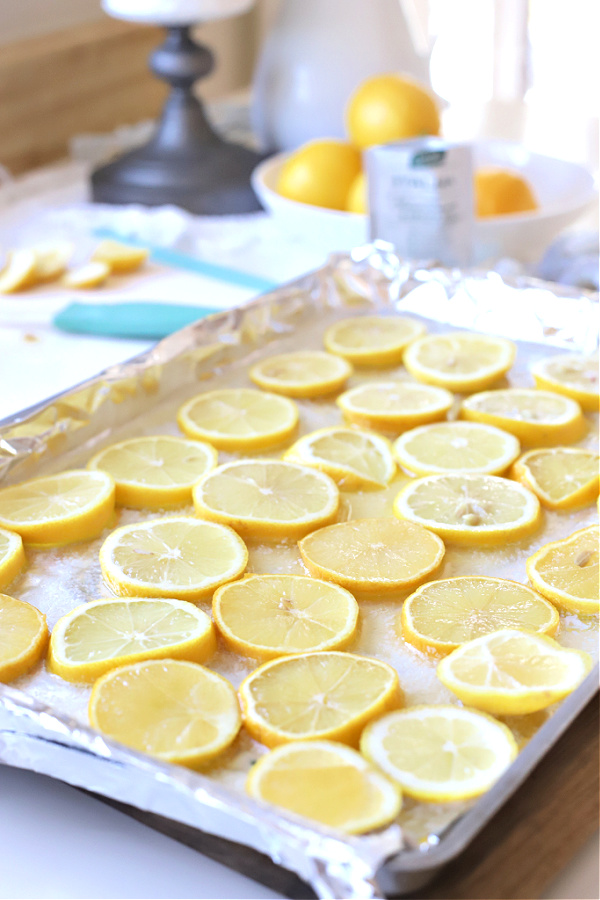 Slicing the lemons for one pan lemon shrimp recipe
