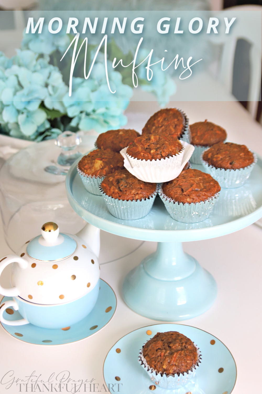Morning glory muffins, with healthy ingredients like carrots, apple, pineapple, coconut, raisins and pecans for a delicious snack.