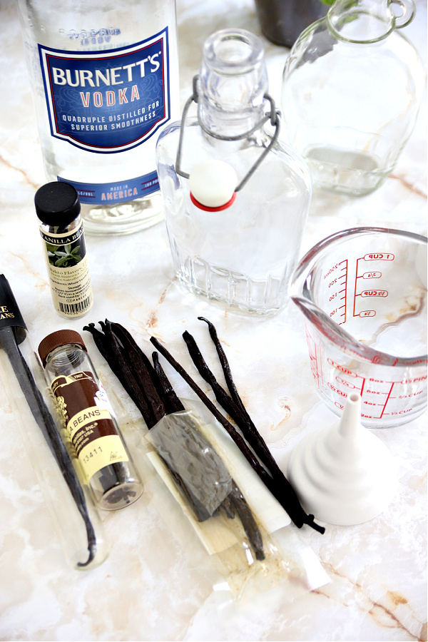 Ingredients and supplies for homemade vanilla extract.
