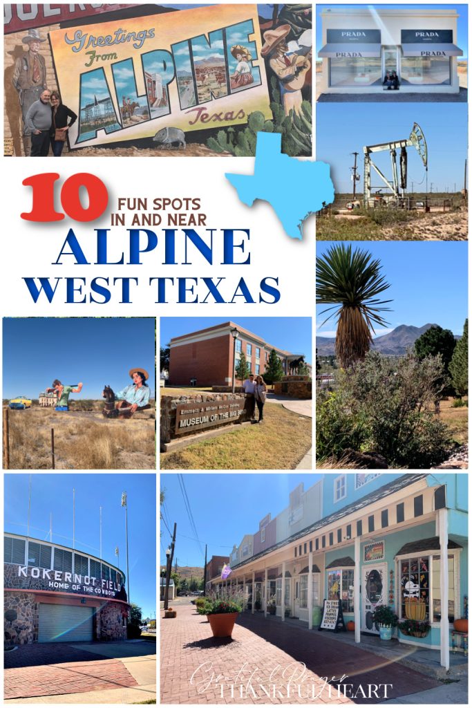 Ten fun, scenic and interesting spots when road tripping in and near Alpine, west Texas including childhood home of George W Bush in Midland, Odessa Meteor Crater, Mural in Alpine, Sul Ross College, Kokernot Ball Field, Classic "Giant" movie Billboards, Prada Marfa, and the Museum of the Big Bend.