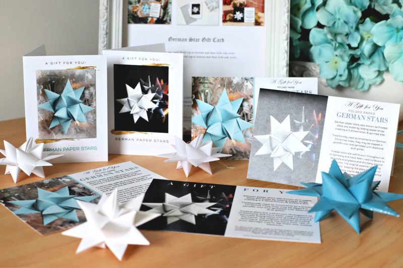 Folded paper German stars make fantastic, unique gifts. A thoughtful, one-of-a-kind handmade ornament from your hands and heart. Include a lovely German Star gift card to complete your package.