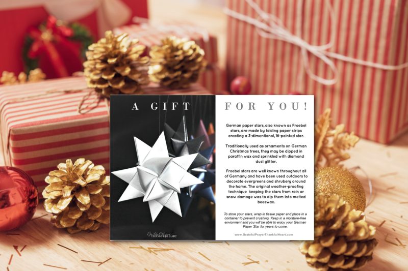 Folded paper stars make fantastic, unique gifts. Thoughtful handmade ornament from your hands & heart with a lovely German Star gift card.