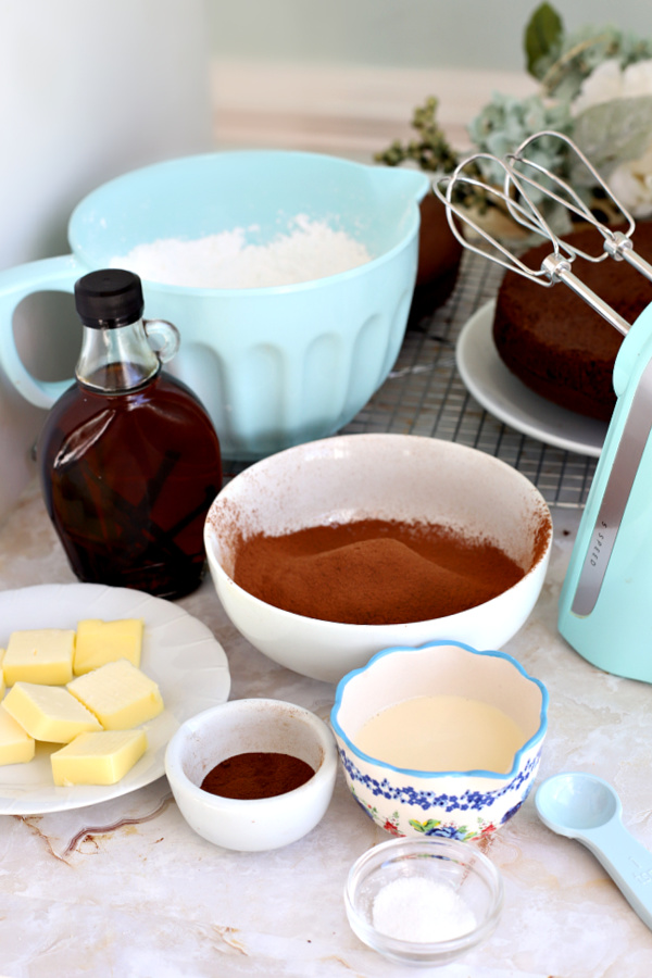 Ingredients for chocolate mocha frosting cake.