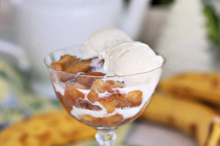 Super quick and easy recipe for sweet sautéed banana with cinnamon. Serve on pancakes, French toast and as an ice cream parfait dessert.