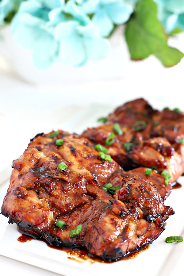 Easy recipe for honey garlic chicken thighs cooked in an air fryer.