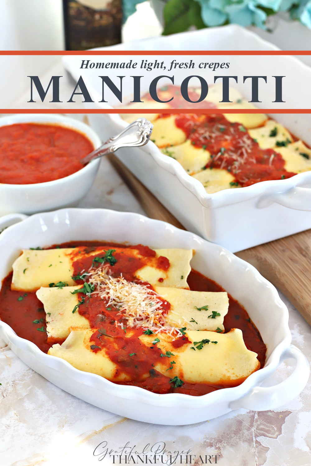Easy Italian manicotti recipe using homemade crepes. A classic, filled with ricotta and Romano cheese, your favorite tomato sauce and baked until warm and bubbly. 