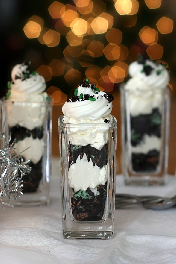Oreo Minty chocolate cheesecake parfait for Christmas or St Patrick's Day dessert.