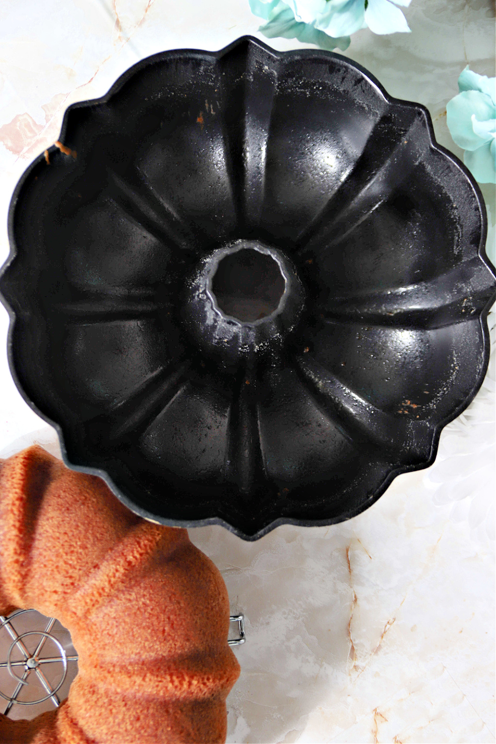 No sticking in a Bundt pan when using 3-ingredient easy cake release for baking.
