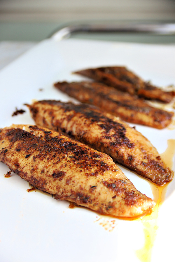 Pan fried herb rubbed blackened tilapia.