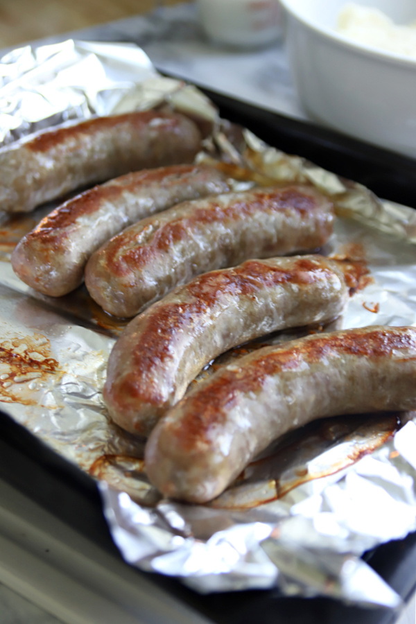 Oven browned sausage for English pub style bangers and mash with onion gravy.