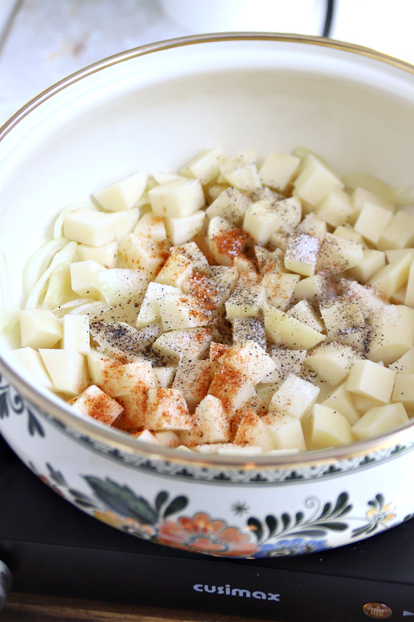 Potatoes and seasonings for shrimp and corn chowder recipe.
