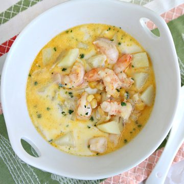 Easy recipe for shrimp and corn chowder with potatoes in a lovely broth. A great seafood soup. 