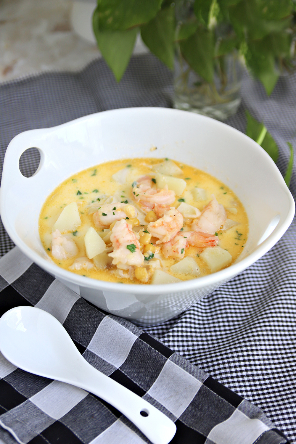 Easy recipe for shrimp and corn chowder with potatoes in a lovely broth. A great seafood soup. 