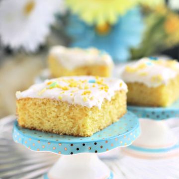 Quick and easy recipe for a moist lemon sheet cake begins with a box mix and lemon curd. Topped with a yummy cream cheese frosting.