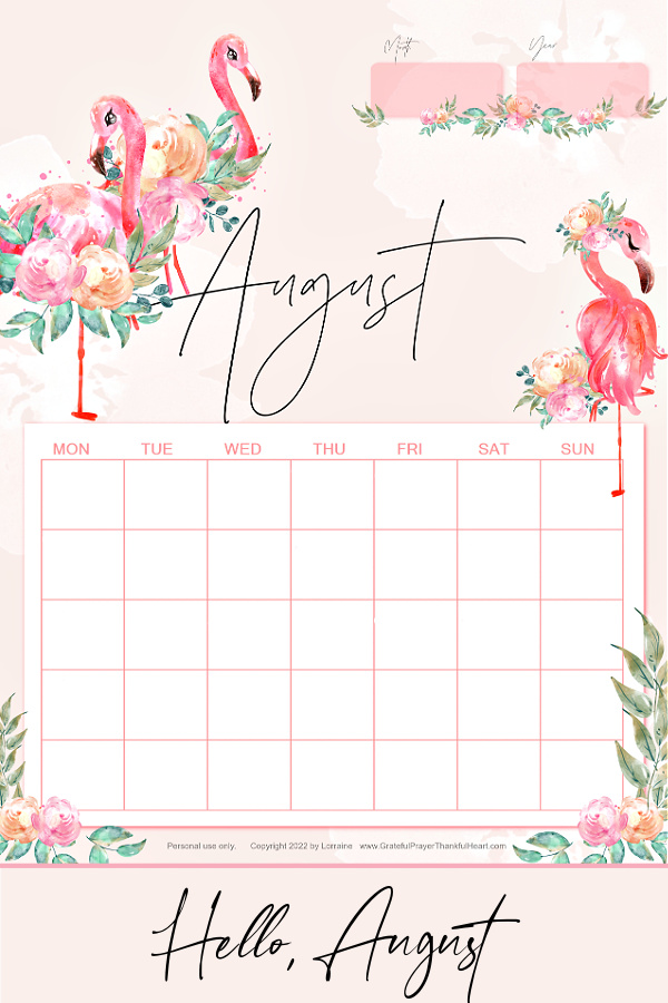 FREE Hello, August flamingo planner printables with calendar, Daily Reflections, Goals, Meal Planner, Bible Quiet Time page & bookmarks.