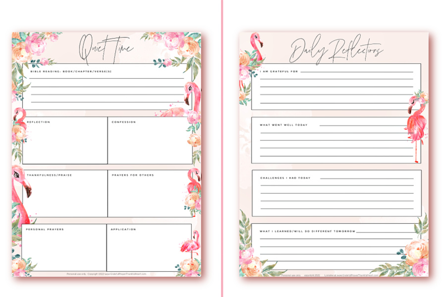7 Free, Hello, August! flamingo planner printable pages include: August calendar, Daily Reflections, August Goals, Meal Planner, Bible Quiet Time page & bookmarks.