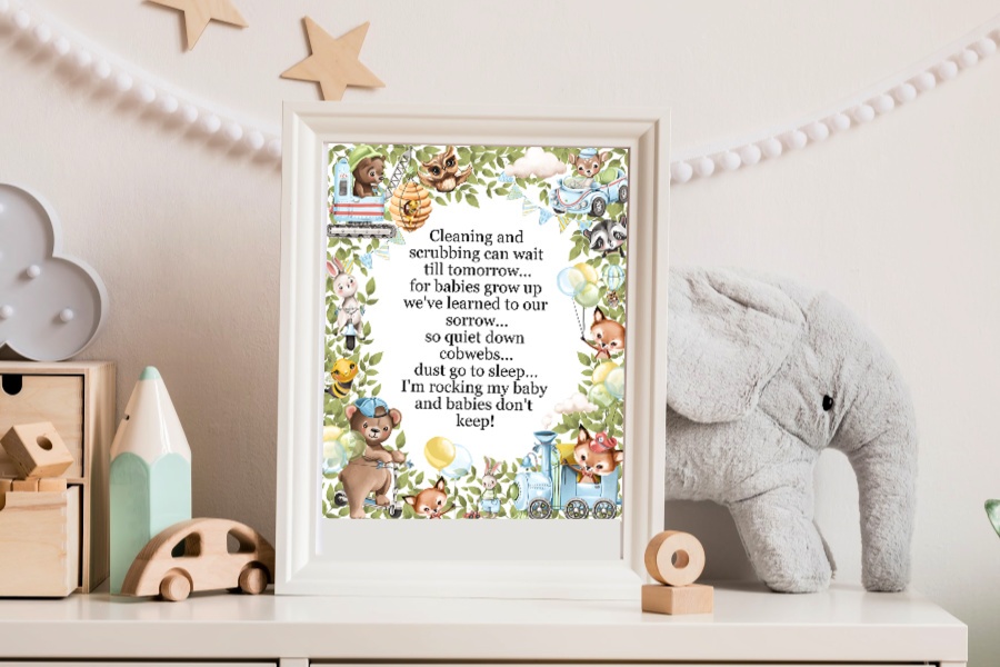 Soft cuddly forest animals with cute car, truck and train toys is the theme around a sweet, Babies Don't Keep poem. A lovely baby boy shower gift to print, frame or use to decorate a nursery.